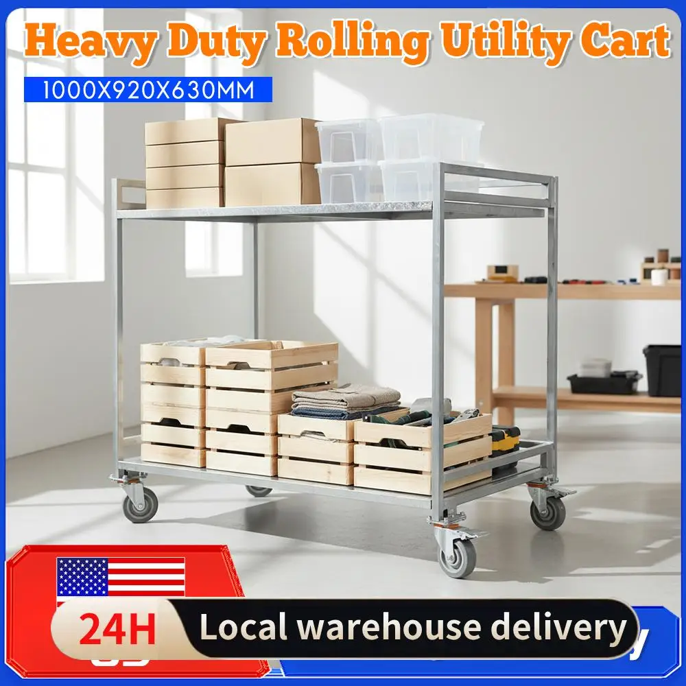 

2 Shelf Rolling Cart Collapsible Utility Cart with Wheels Handle 660lbs Large Capacity for Groceries Warehouse Garage Cleaning ﻿