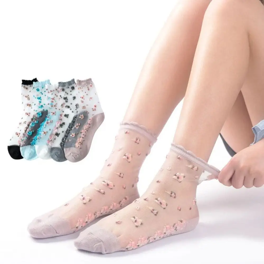 InjLastic-Chaussettes respirantes en verre de cristal, chaussettes courtes en dentelle Jacquard, chaussettes transparentes, haute qualité