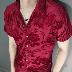 2022 Summer Red Velvet Shirt Hawaiian Male Shirt Camicia Uomo Streetwear Flower Shirt Velvet Shirt Short Sleeve Camisa Hombre