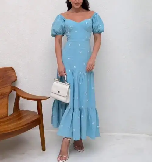 

Geometric Print One Neck Bubble Sleeve Dress for Summer Women, Fashionable and Elegant, Slim Fit and Waist Cinching A-Line Dress