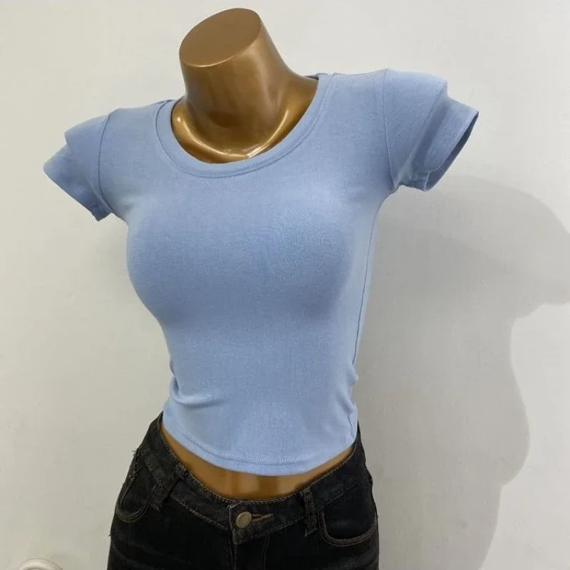 Wholesale Summer Women Crop Tops O Neck Short T Shirts Short Sleeve Solid Basic Slim T Shirt High Strecth Tight Female Top