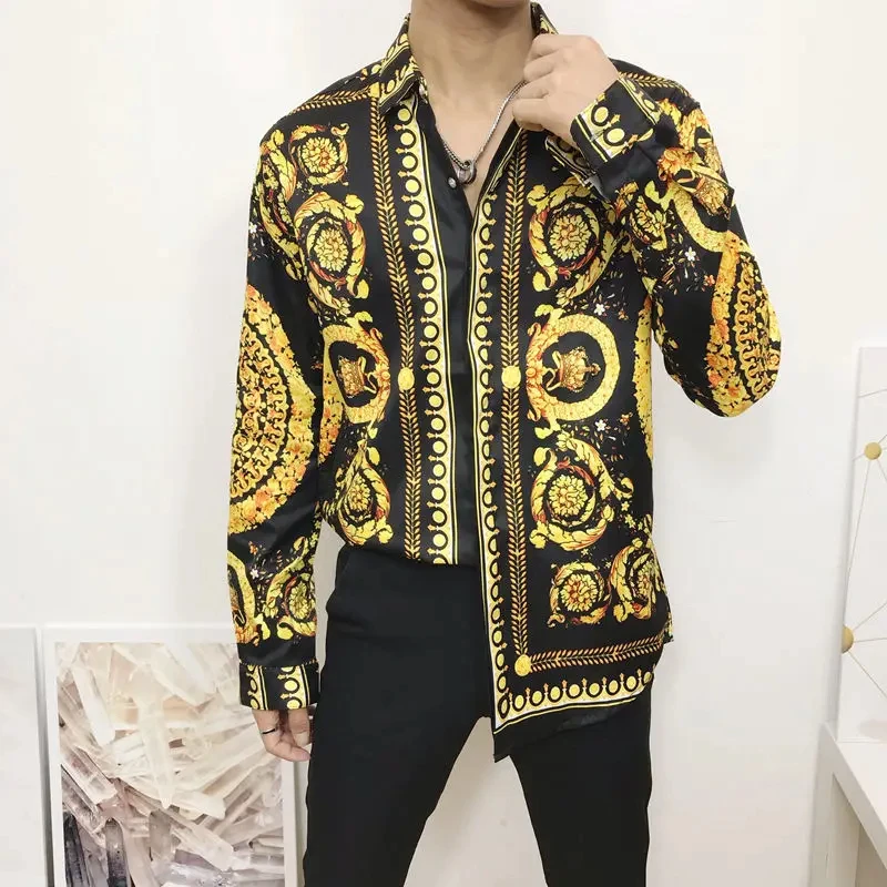 Lässiges Gold Retro Print Shirt Sommer Herren Langarmhemd 3D bedrucktes Revers Shirt Herren-und Damenmode Shirt Langarm