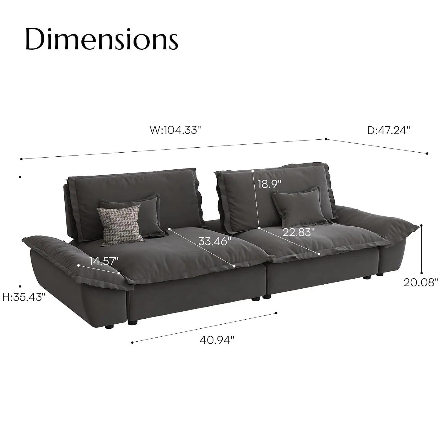 Hudson 104.3'' Oversized Modular Sectional Sofa, 2 Seater, Grey, Customized