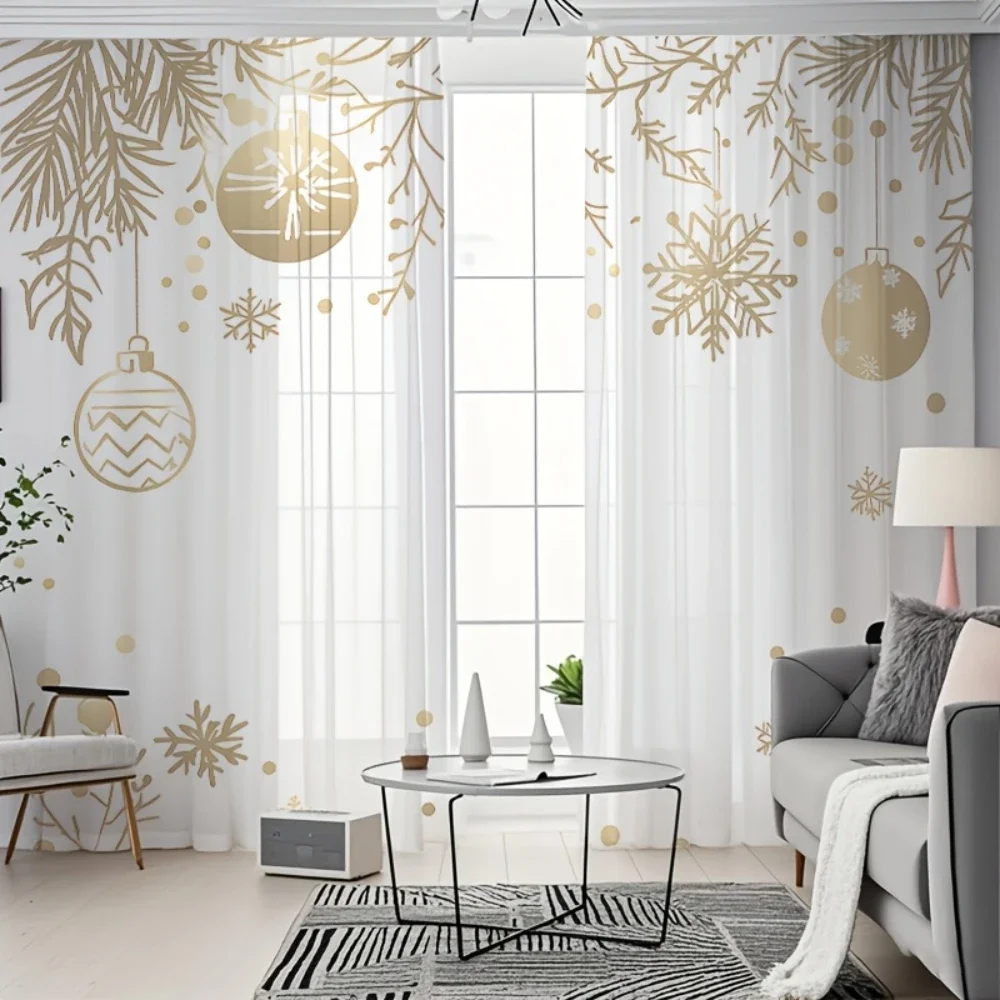 Elegant Gold Snowflake and Winter Branch Pattern Curtains for Living Room Home Decor Light Filtering Window Drapes