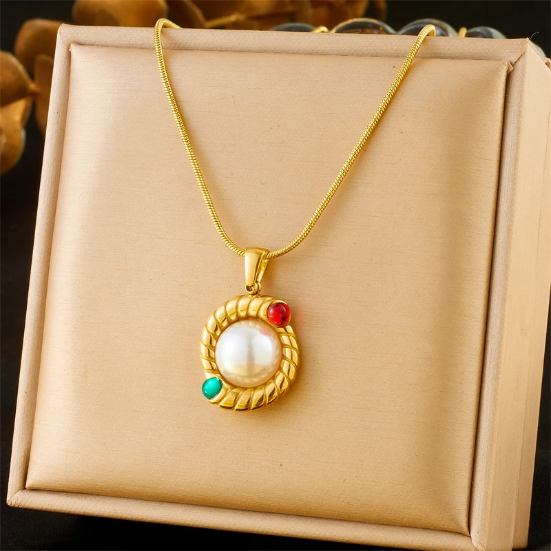 DIEYURO 316L Stainless Steel Rhinestones Golden Woven Round Pearl Pendant Necklace Earrings Set New Non-fading Luxury Jewelry