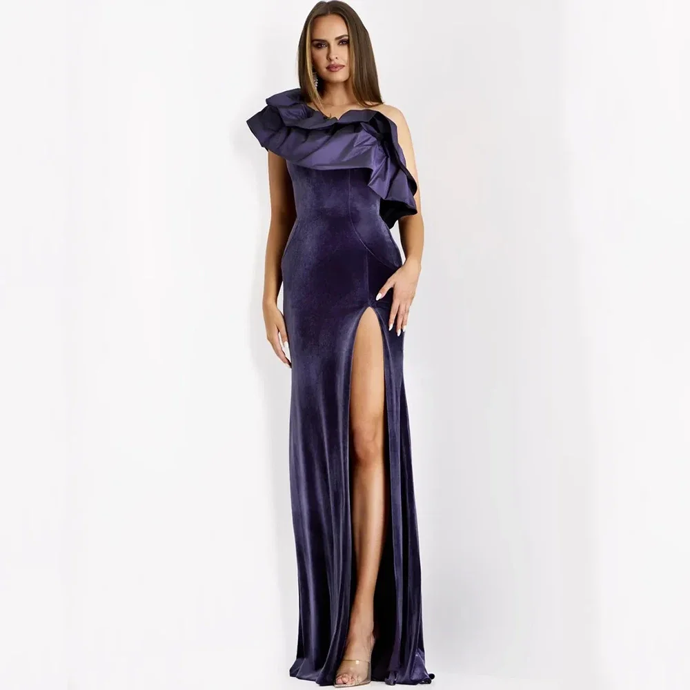 

Высокое качество фиолетовые сексуальные вечерние платья велюр для длиной до пола, платья для выпускного вечера на одно плечо, прямой разрез с воланами по индивидуальному заказу