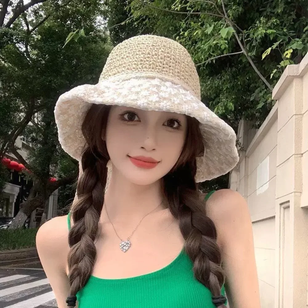

Elegant Lace Bow Straw Hat Ribbon Weave Sunscreen Bucket Hat Boho Sun Hat Beach Fisherman Hat Travel