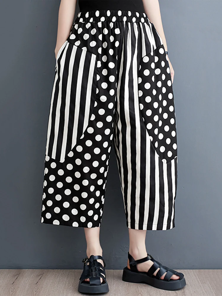 Black Vintage Polka Dot High Waist Wide Leg Pants Women New Spring Autumn Casual Loose Oversize Trousers Fashion Streetwear 2024