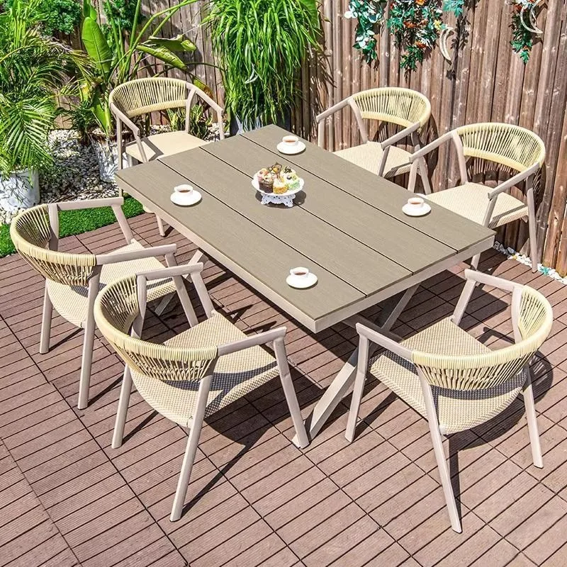 Weatherproof Aluminum Rattan Outdoor Dining Set Patio Furniture With Slate / Teak / All Aluminum Table For Backyard Garden Cafe