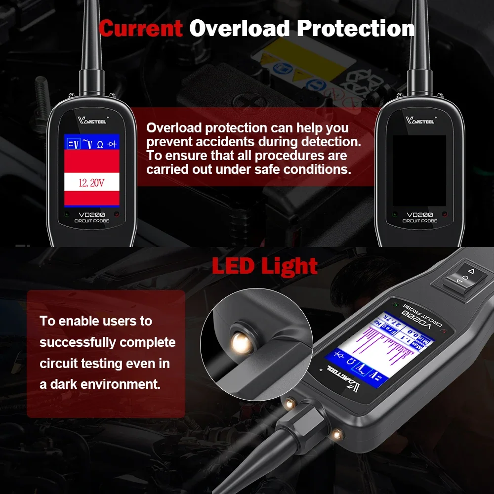 VDIAGTOOL V200 Sonda mocy Tester obwodów elektrycznych 6V-30V Układ elektryczny Tester prądu Wbudowana ochrona przed przeciążeniem światła
