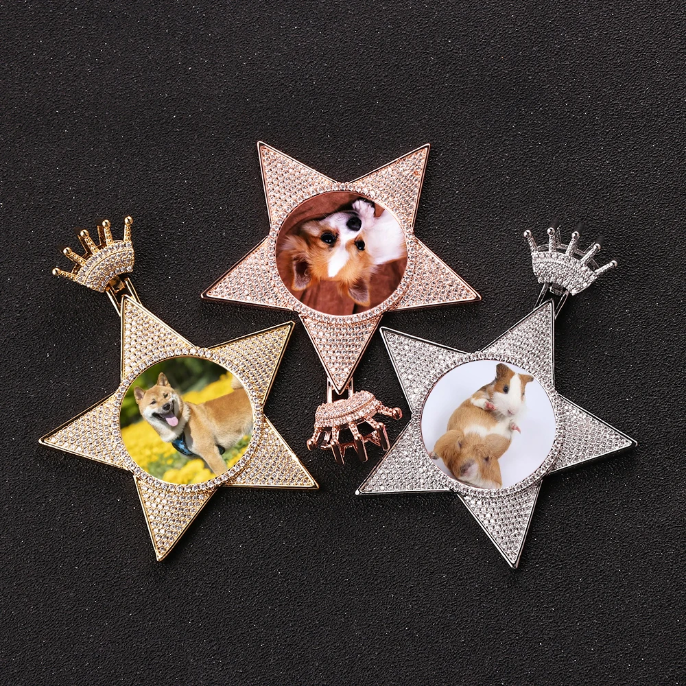 

Iced Out DIY Crown Hook Pentagram Photo Private Custom Star Shape Hip Hop Personality Picture Necklace Memory Medallions Pendant