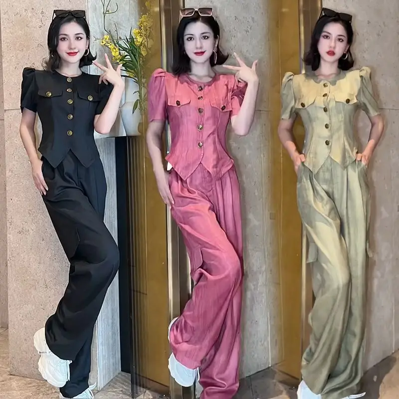 

Insozkdg 2024 Summer Small Fragrant Style 2 Piece Set Women Fashion Puff Sleeve T Shirts O Neck Blouse High Waist Wide Leg Pants