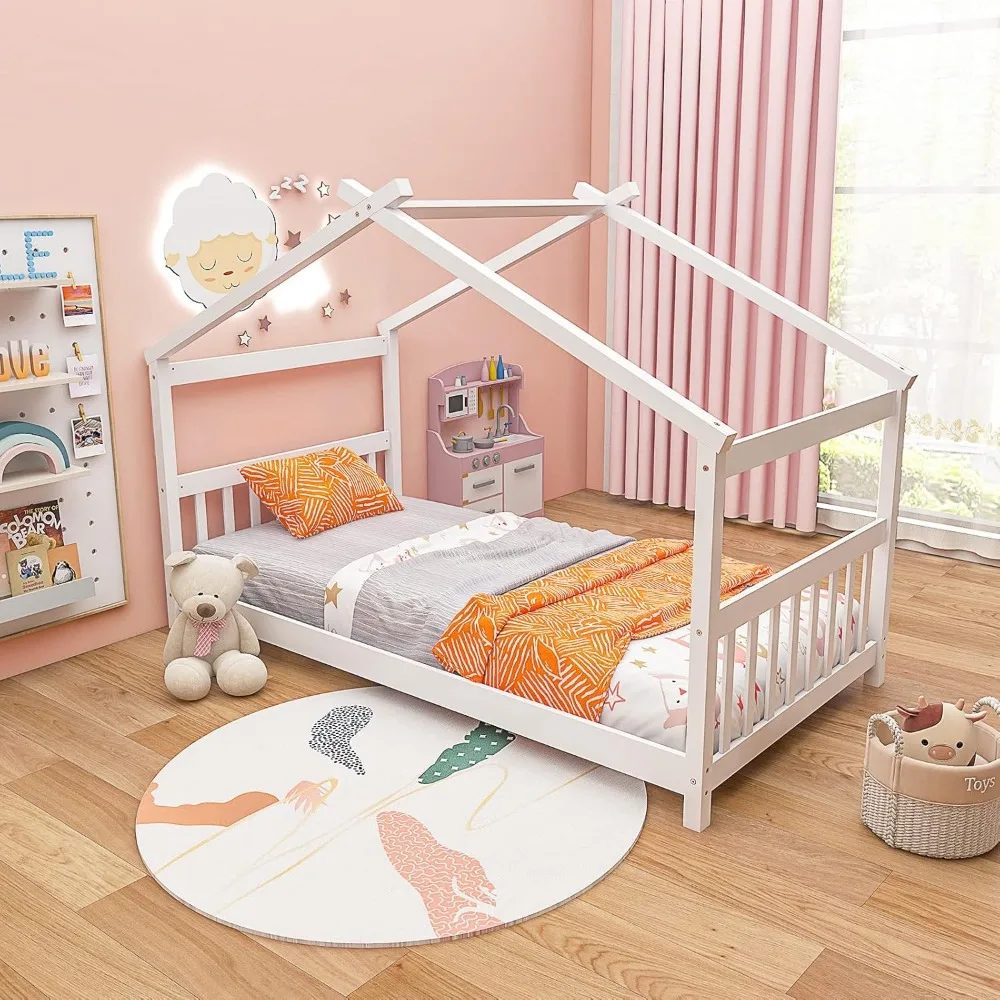 Giantex House Bed Twin, Solid Wood Kids House Bed with Roof, Headboard and Footboard, Low Floor Twin Bed Frame for Toddlers Teen