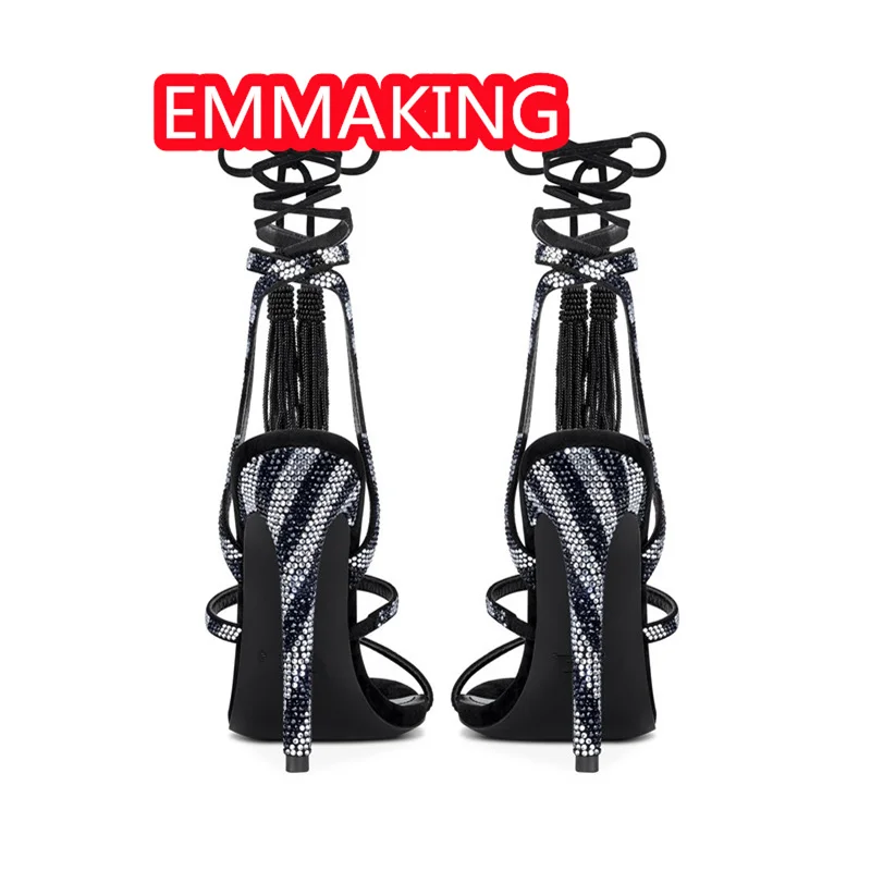 Mixed Diamonds Lace Up Ladies Summer Sandals 2024 New Design Black Beading Tassel Sexy Thin Heeled Gladiator Women Wedding Shoes