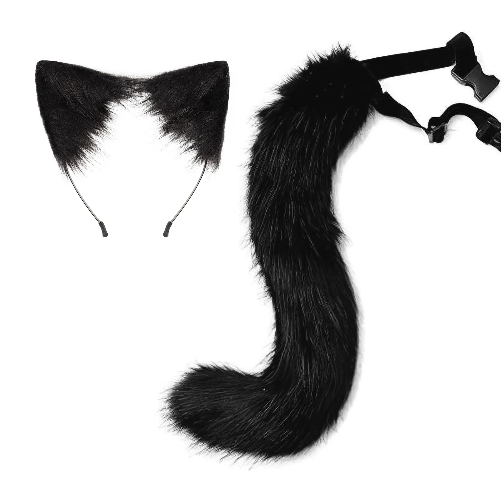 Faux Fur Fox orelha Headband e cauda Traje Set, Lolita Cosplay Furry Cat orelha Headpiece e cauda longa Masquerade Prop