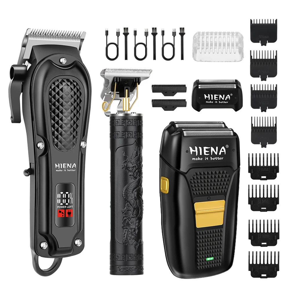 HIENA PRO 3-Piece Grooming Kit Professional Trimmer Rechargeable via USB for Men—Father's Day Gift Cordless Hair Clipper Set