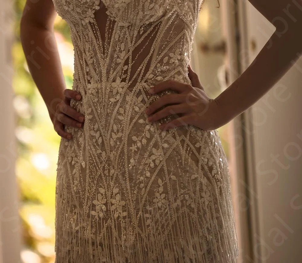 Customized Sexy Exquisite Wedding Dresses 2025 Bridal Gowns Lace Mini Length Bride Dress Sleeveless Tassel Wedding Gown Sequined image 3