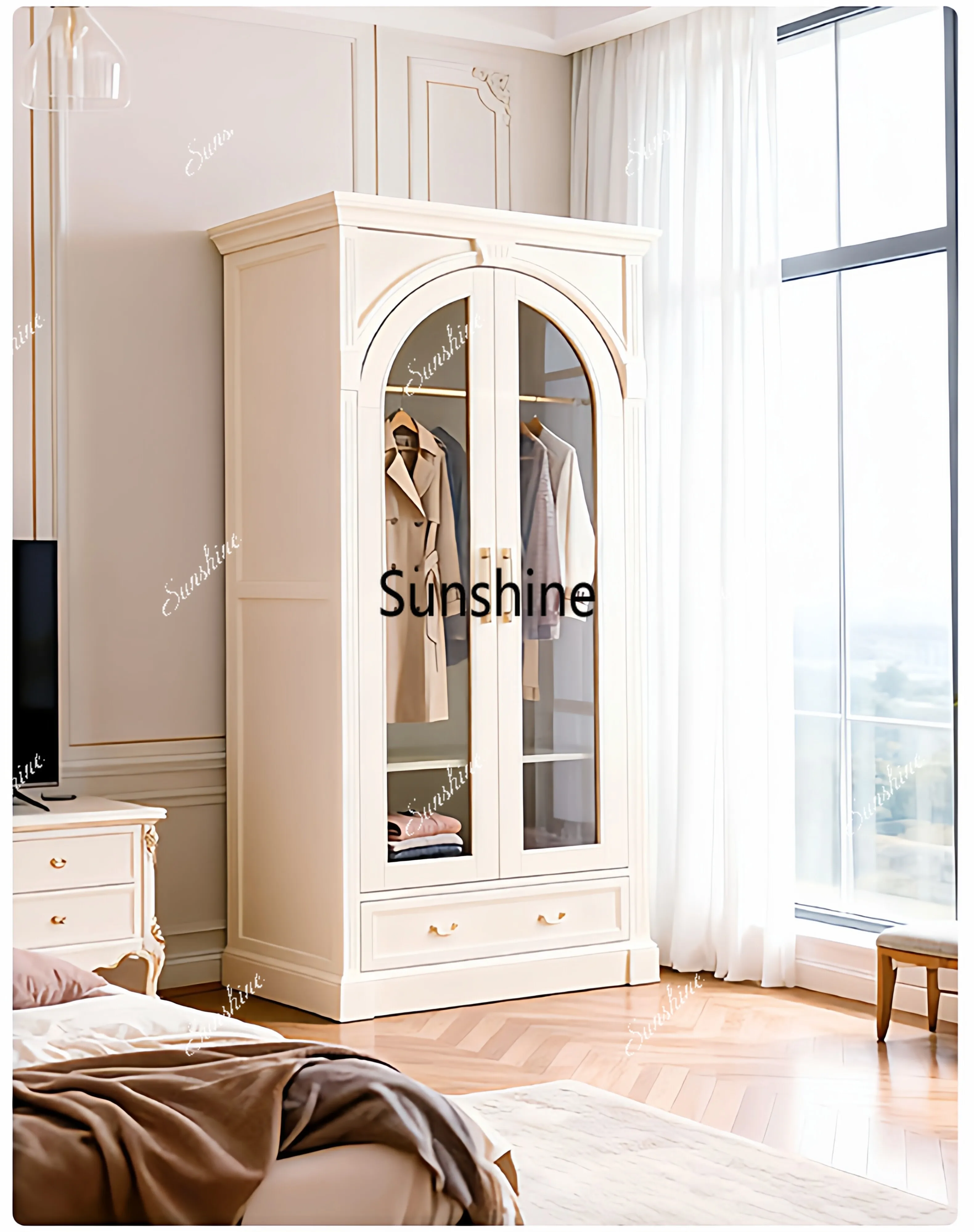Cream wind all solid wood opposite door wardrobe household bedroom small apartment with pumping integrated