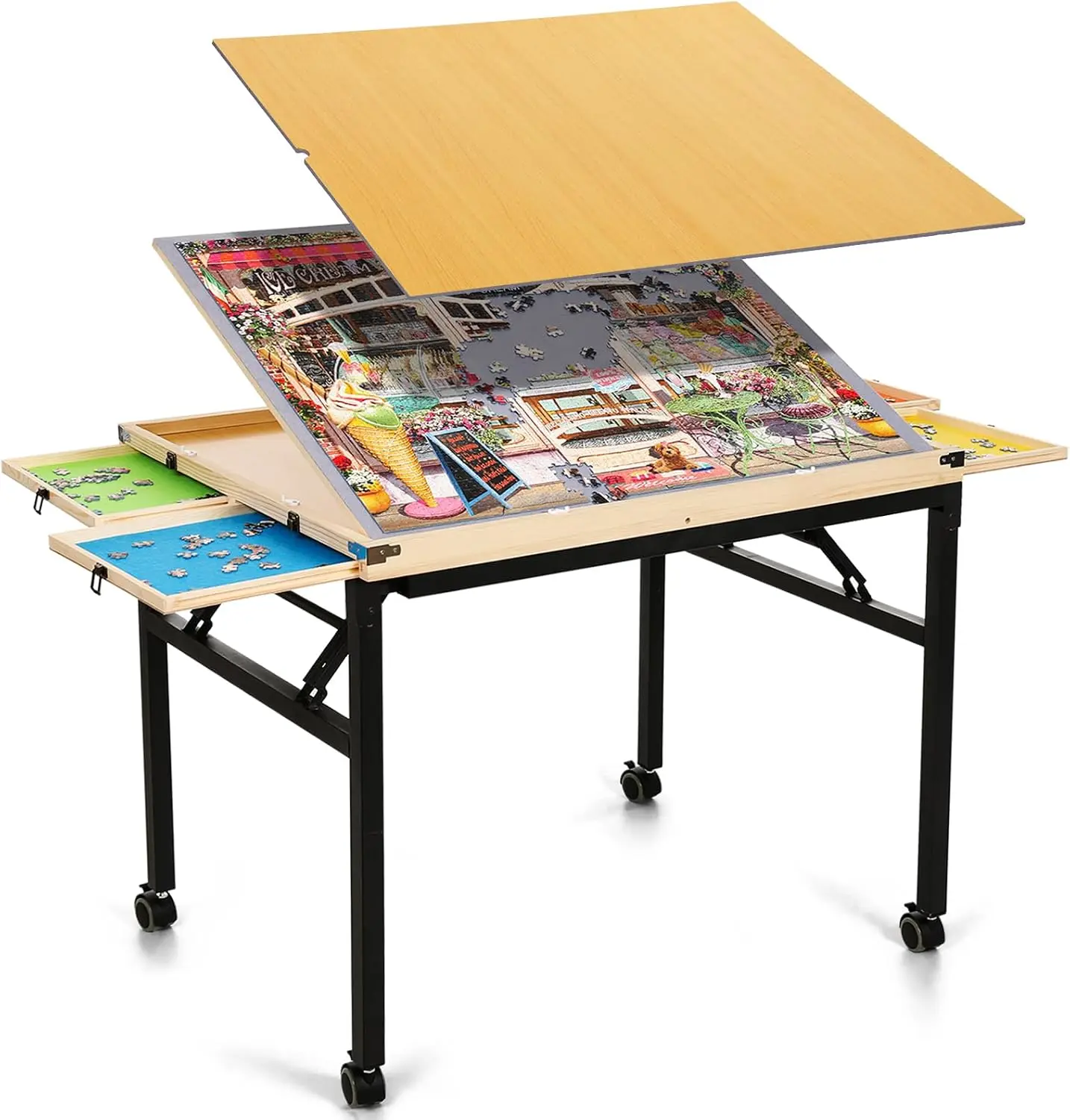 Puzzle Table with Drawers and Folding Metal Legs, 1500 Pieces Portable Puzzle Board with Cover, No Assembly Required, 3 Adjustab