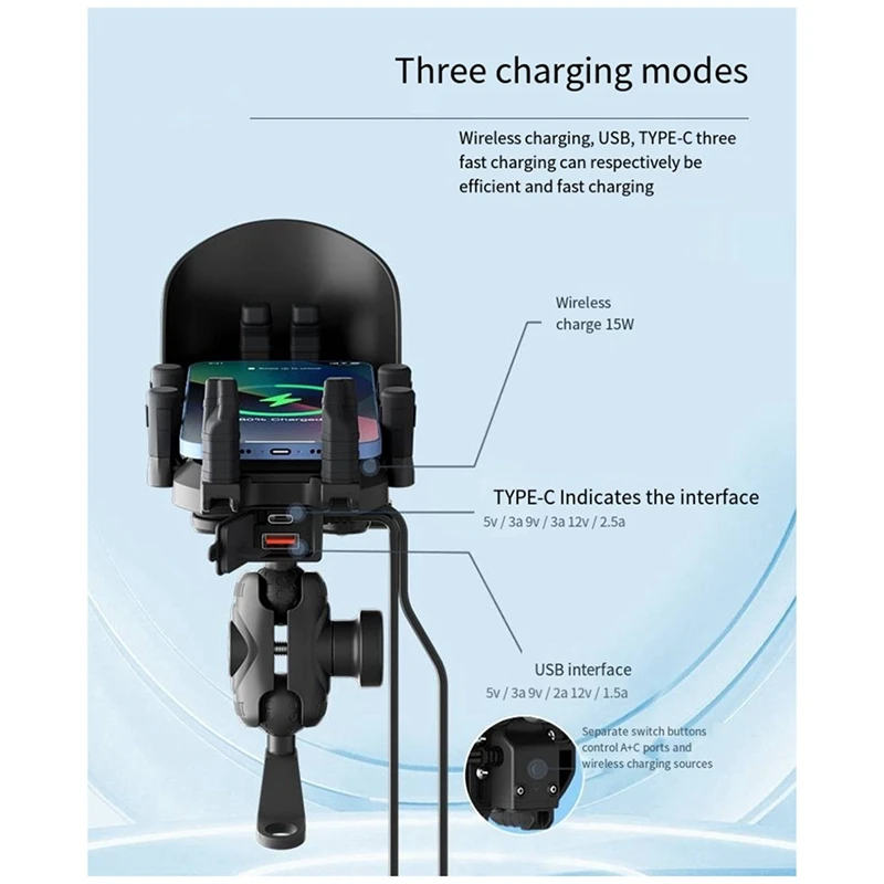 New Handlebar Mount 15W Wireless Charging Shockproof Bike Cellphone Support Anti-Theft Mobile Phone Mount Waterproof