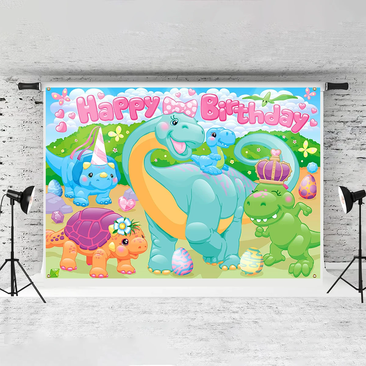 Pink Cute Dinosaur Bowknot Happy Birthday Girls Backdrop Photography Decoration Welcome Banner Cartoon Volcano Roar Jurassic