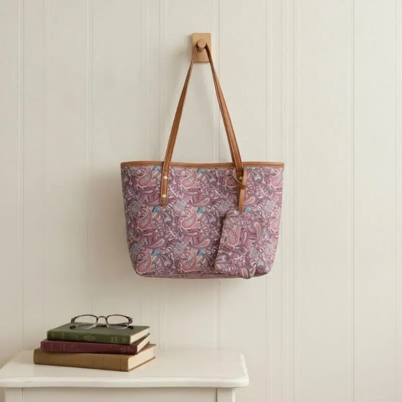 Bohemian Paisley Print Tote Bag with Coordinating Pouch PU Trim Roomy Book Bag for College Student Daily Use