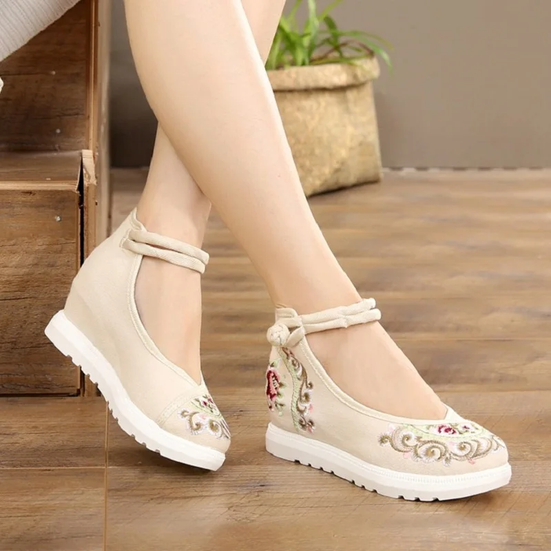 Comemore donne tela altezza crescente cinturino alla caviglia primavera autunno stile cinese ricami Vintage zeppe tacchi scarpe con fibbia da donna