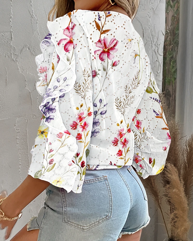 Women's Elegant Blouses 2025 Autumn Winter Latest Sweet Printed Embroidered Lotus Leaf Side Sleeve Top Sexy V-Neck Loose Shirt