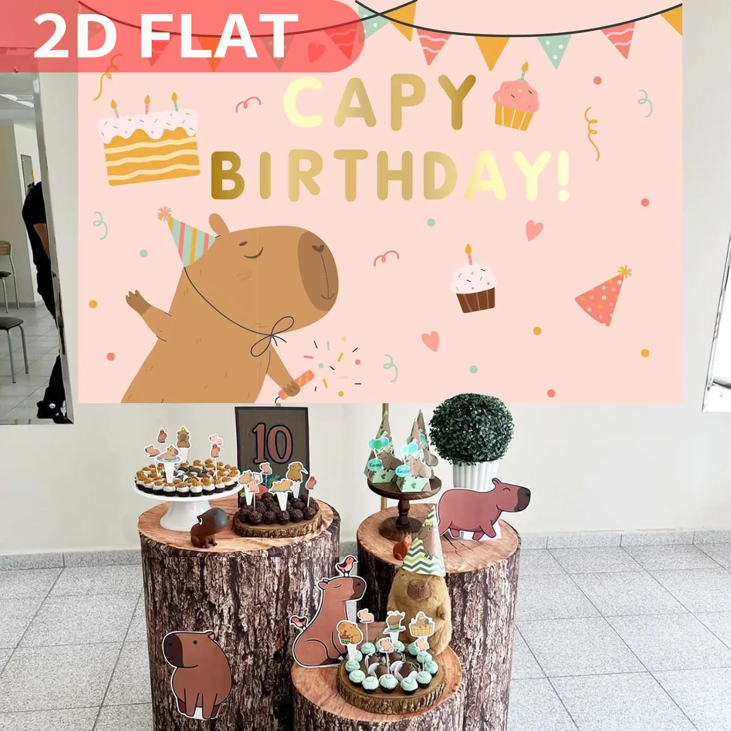 1 telón de fondo de cumpleaños con tema de Capy rosa, póster de fondo de capibara de dibujos animados para cumpleaños, diseño festivo, decoración de fiesta de cumpleaños