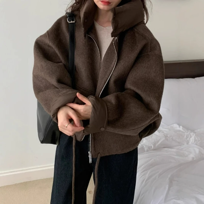 Solid Wool Coat Women Casual Hooded Y2k Loose Zipper Blends Cardigan Full Sleeved Thick Warm Outwear Jackets Autumn Winter