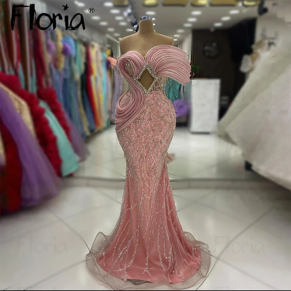 Vestido de noche Formal con hombros descubiertos para mujer, vestido elegante de fiesta con volantes rosas, Dubai, ceremonia de boda, ocasión hecha a medida