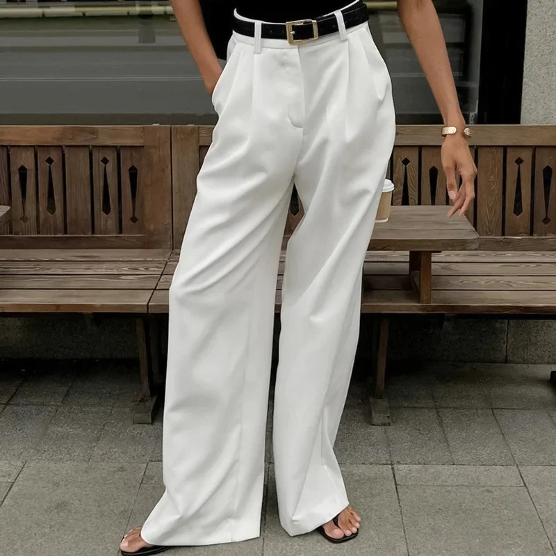 Elegant High Waist Wide Leg Pants For Women's Spring Office Look Solid White Straight Trousers For Daily Work Or Casual Outfits