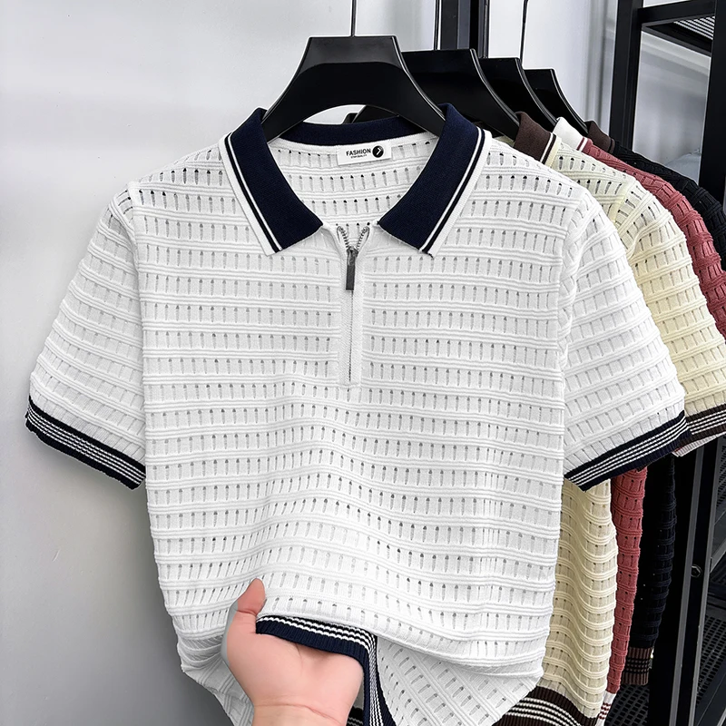Old Money Style Knitted Shirt Men's Short Sleeve High End Look Flip Collar Zipper Business Casual T-shirt Top