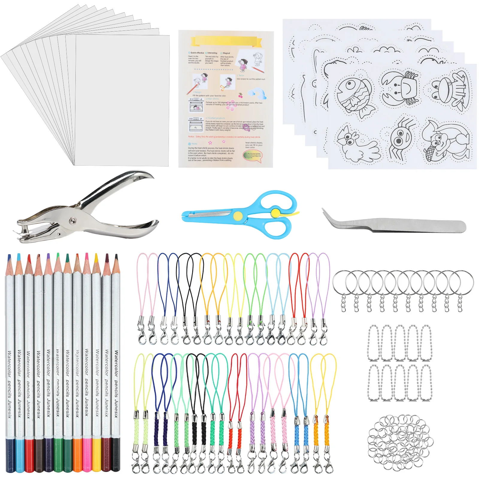 Shrinky Sheets Kit Shrink Art Shrink Plastic Sheet Keychain Kit Creative Shrinky Craft Making Kit for Kids Key Rings Jewelry