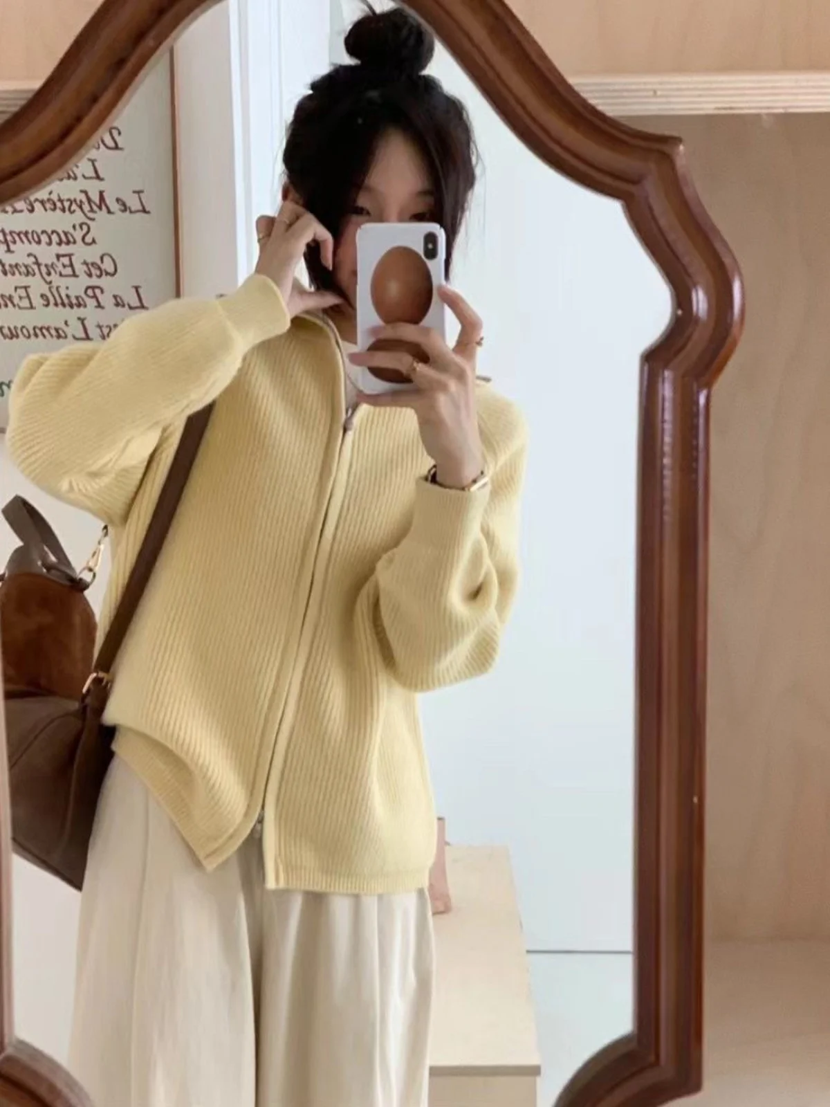 الكورية Sle Thiened ey مزدوجة سستة طوق المرأة Jaet البيض محبوك سترة الخريف الشتاء جديد سترة الوزن الثقيل #3