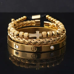 Luxury Stainless Steel Beads Cross Charms Man Bracelet CZ Bangles Women Jewelry Set Gift