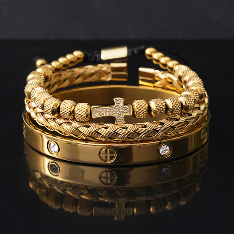 Luxury Stainless Steel Beads Cross Charms Man Bracelet CZ Bangles Women Jewelry Set Gift