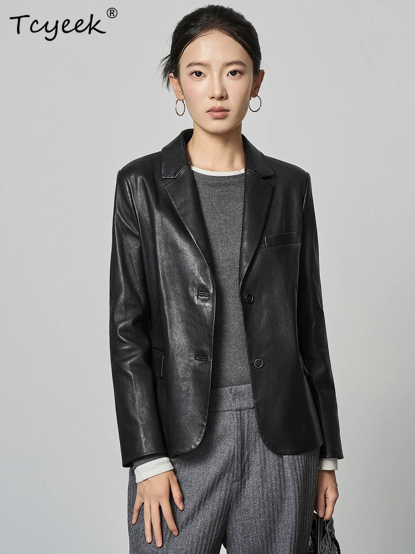 Tcyeek Real Leather Jacket Woman 2026 Autumn Clothes Black Natural Sheepskin Suit Coat Women Fashion Slim Fit Casaco Feminino