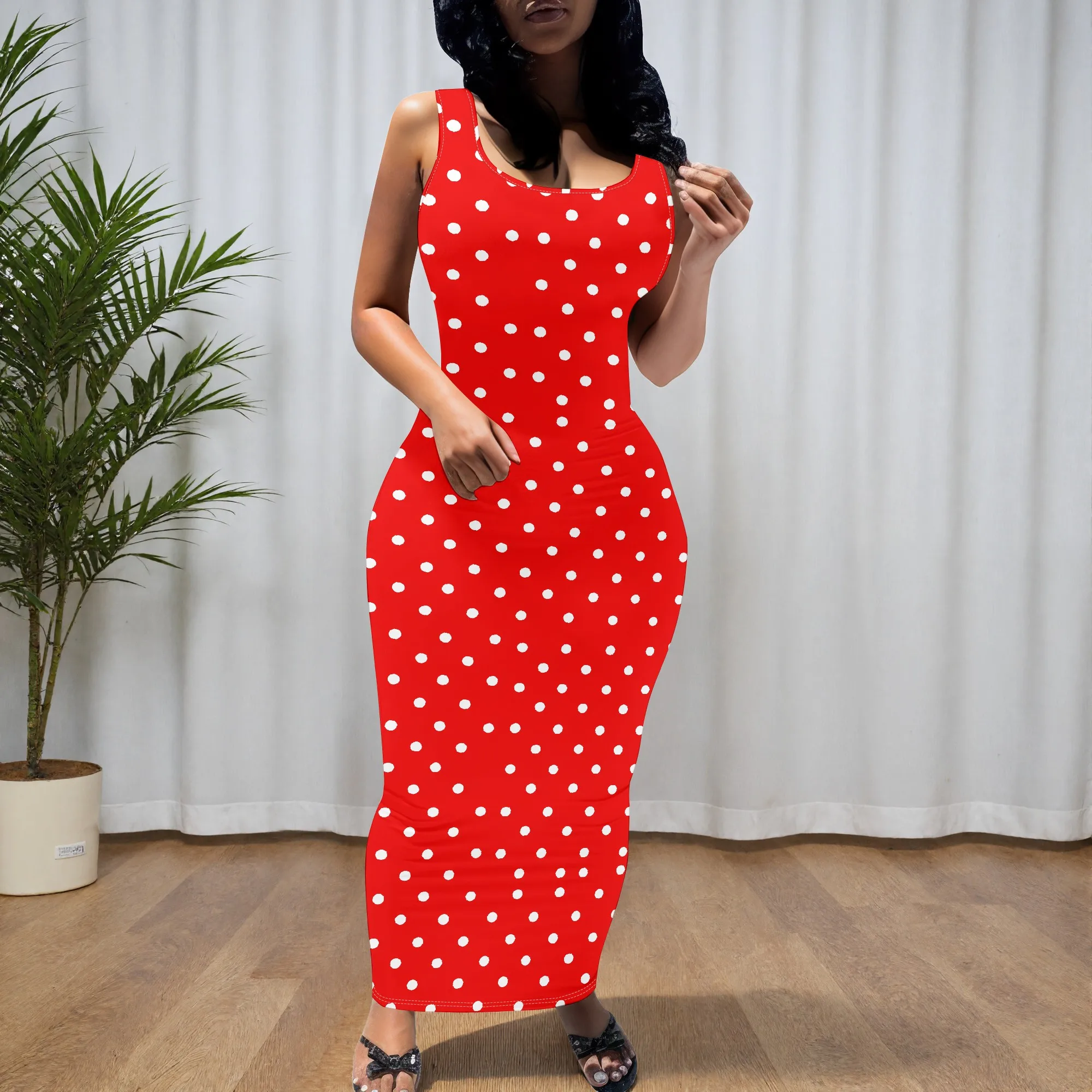 Red Polka Dot Print Tank Dress, Sleeveless Bodycon Maxi, Summer Casual Party Wear for Women, S-2XL
