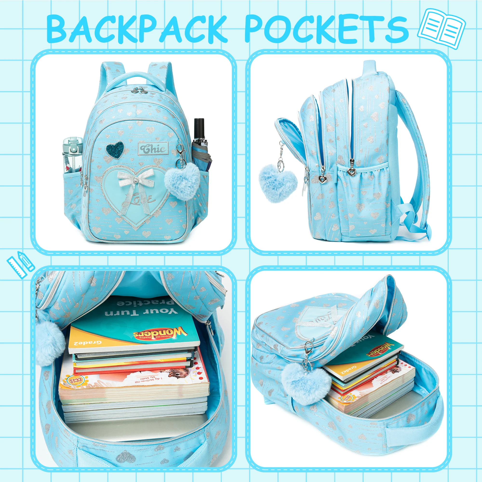 New Bowknot Ribbon Backpack Girls Backpack with Lunch Bag and Pen Bag for Elementary School for Picnic Travel Best Gift