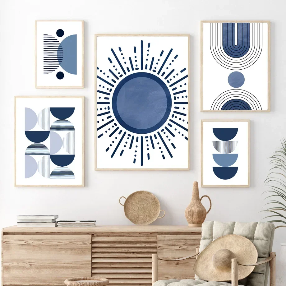 Boho Blue Abstract Modern Mid Century Wall Art Print Sun Geometric Leaf Canvas Painting Nordic Poster Decor Pictures Living Room