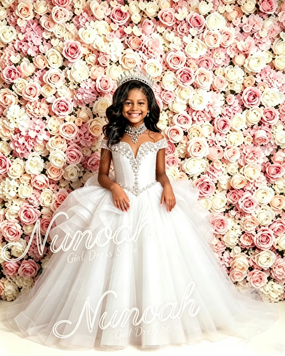 Luxury Pink Girls Birthday Pageant Dress Ruffles Train Sparkling Rhinestone Kids Formal Prom Flower Girl Dress for Wedding