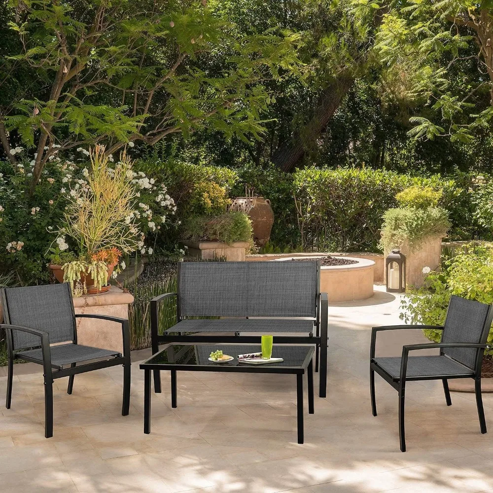 4-teiliges Terrassenmöbel-Set, modernes Gesprächsset für den Außenbereich, Garten, Terrasse, Bistro-Set mit Glas-Couchtisch für Zuhause, Veranda, Rasen