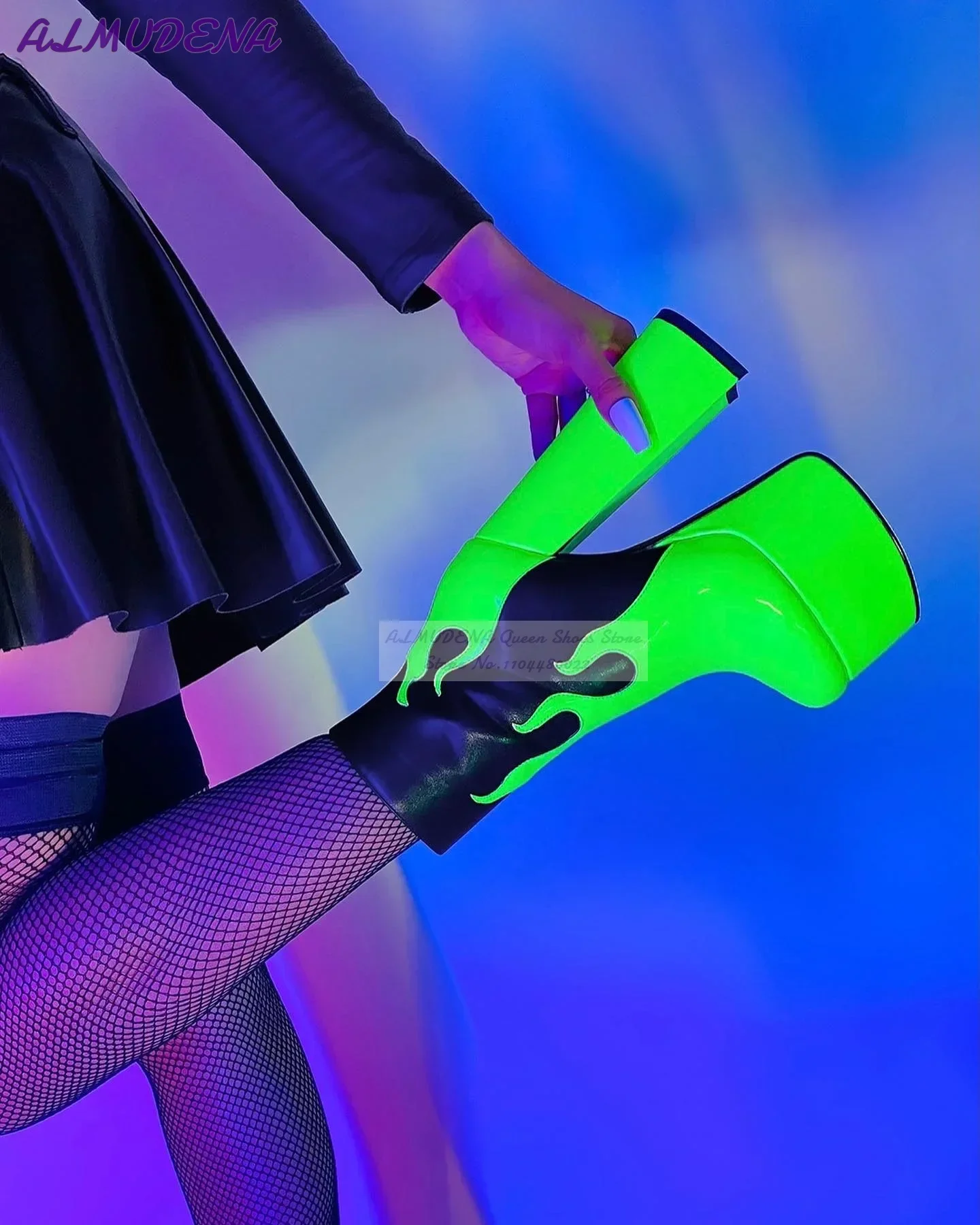 

ALMUDENA Green Black Fire Flame Pattern Ankle Boots Chunky Heel Color Patchwork Short Booties Platform Dress Shoes Size47