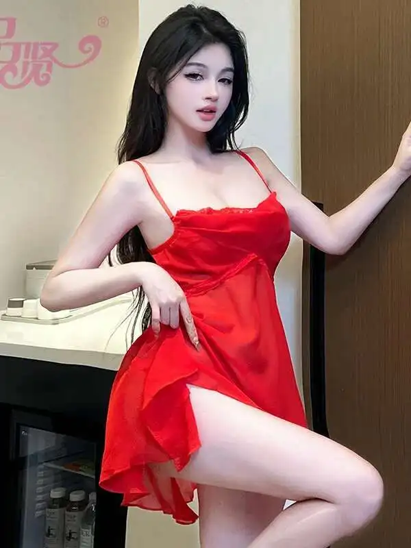 Seksowna, dojrzała, siateczkowa, prześwitująca koszula nocna, piżama w stylu \"pure desire\", elegancka czerwona, słodka mini sukienka na ramiączkach, koreańska damska J69G