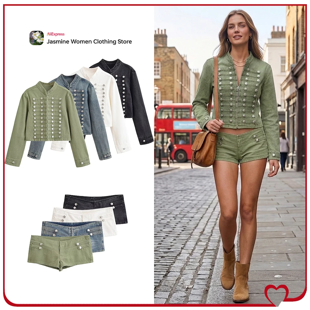 Hight Street Women Denim Short Sets Cowgirls Matching Sets Fashion Denim Jackets and Mini Shorts Featuring Buttons and Appliques