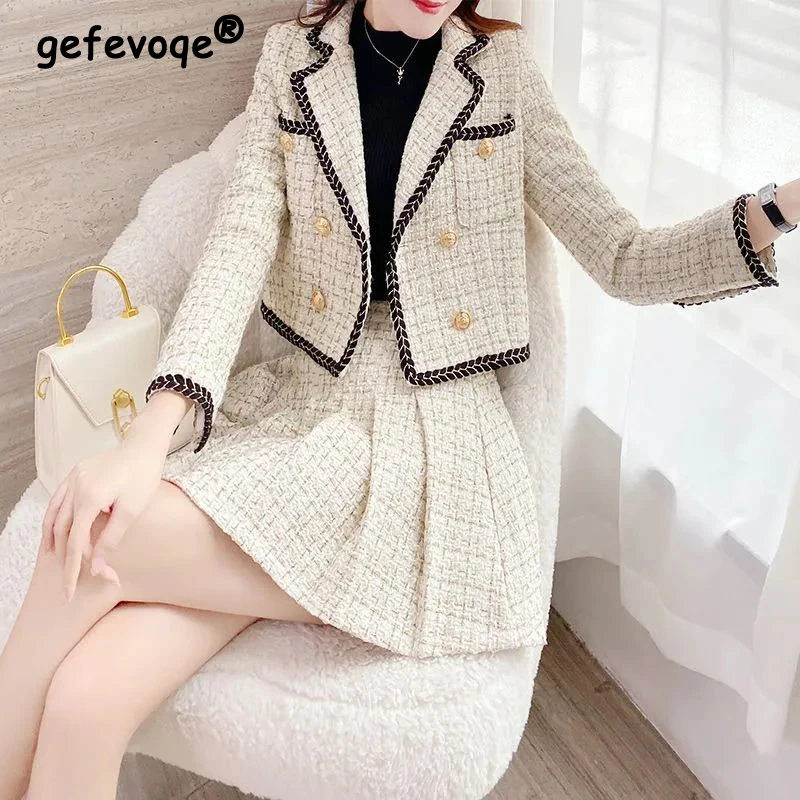 2023 Autumn Winter Trendy Luxury Elegant Two Piece Set for Women Notched Collar Long Sleeve Chic Blazers Sexy Pleated Mini Skirt