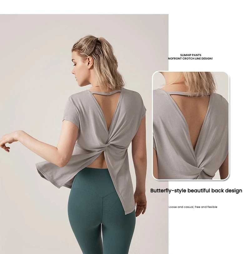 Women's Split Side Yoga Top Sexy Open Back Fitness T-shirt Loose Fit Workout Tee Running Sports Cover Gym Wear Woman Clothing
