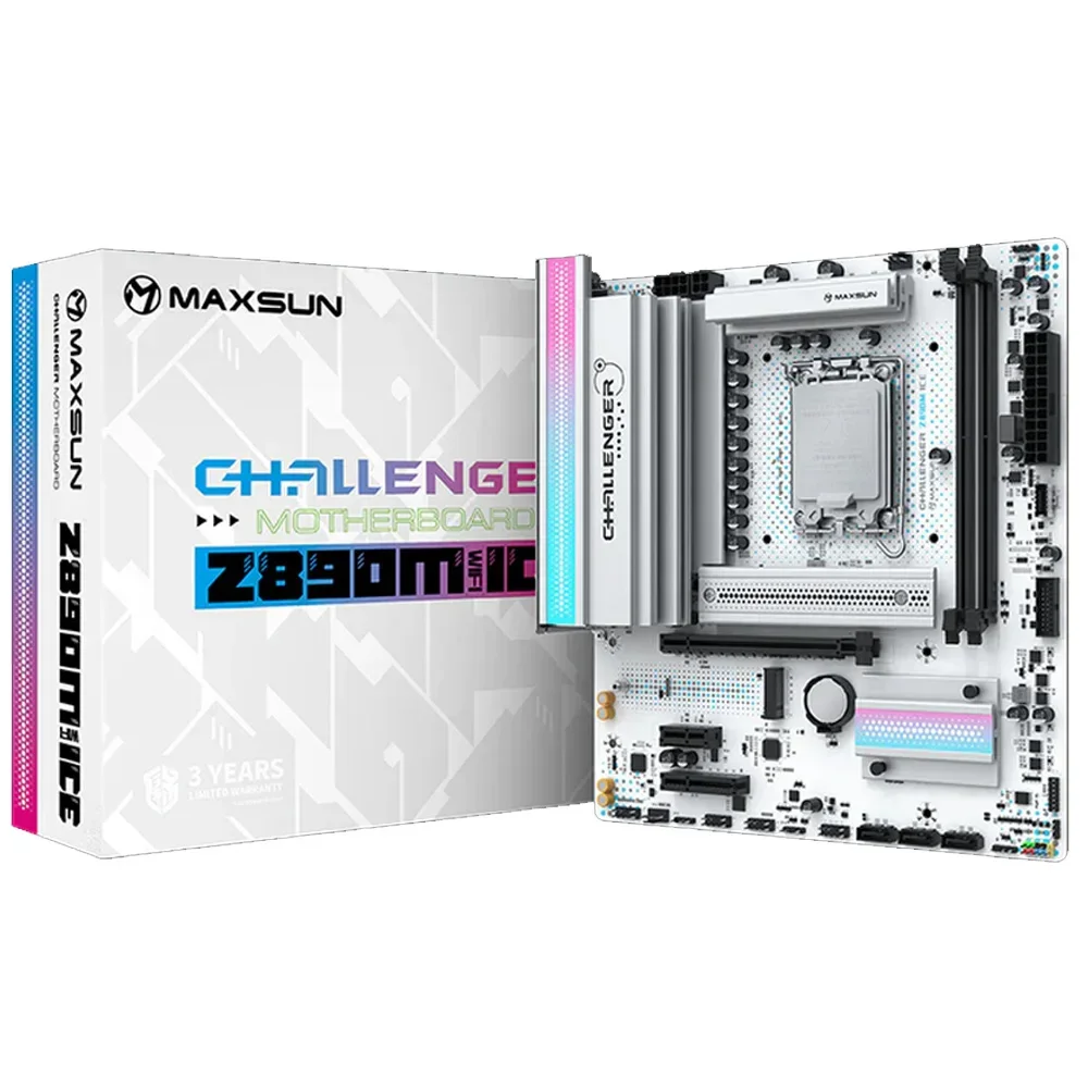 MAXSUN Challenger Z890M WIFI ICE Intel z890 LGA 1851 DrMOS 60 A PCIe 5, 0x4 M.2 Type-C 2,5G LAN WiFi 6 DDR5 2 * M.2 DP 1,4 ГБ