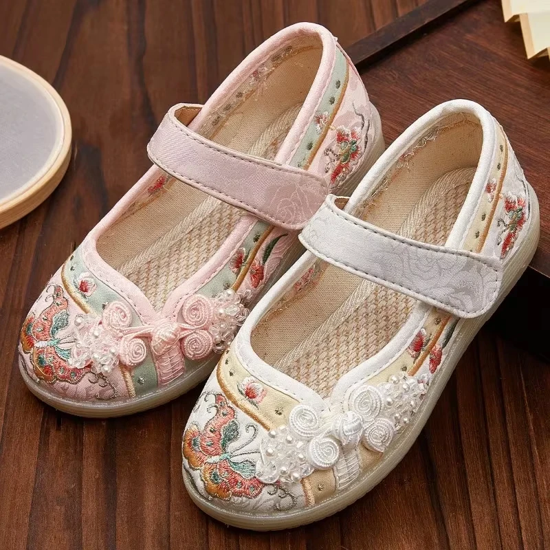 

2026 Spring Kids Hanfu Shoes Sweet Embroidery Flower Girl Princess Shoes Fashion Chinese Ancient Style Children's Causal Flat Cl